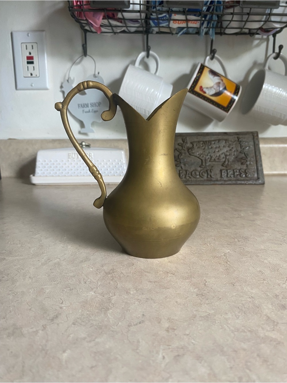 Vintage Small Brass Pitcher Jug W/Handle & Flared Spout Mid-Century Decor MCM